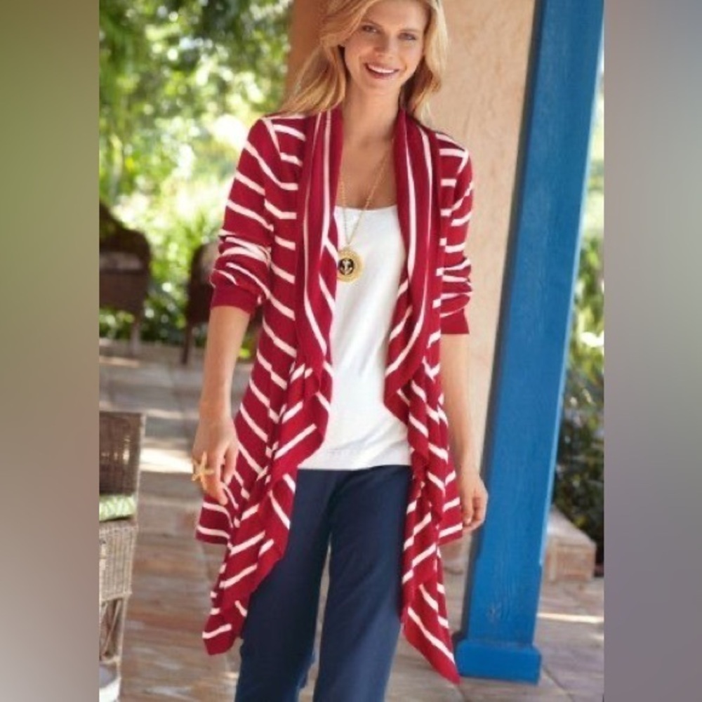 Soft Surroundings size medium red and white stripe open front cardigan sweater